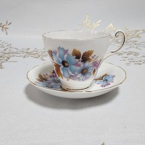 Regency Fine English Bone China Teacup and Saucer - Vintage Blue Flowers